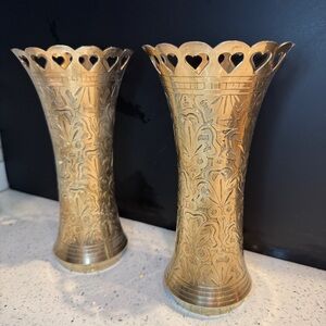 Pair of vintage solid brass Vases hand etched